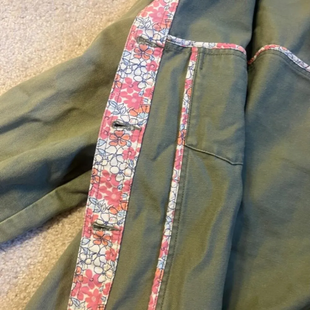 L.L. Bean Denim Jacket Small Green Floral Utility Canvas Trucker Jacket Womens L - Image 6