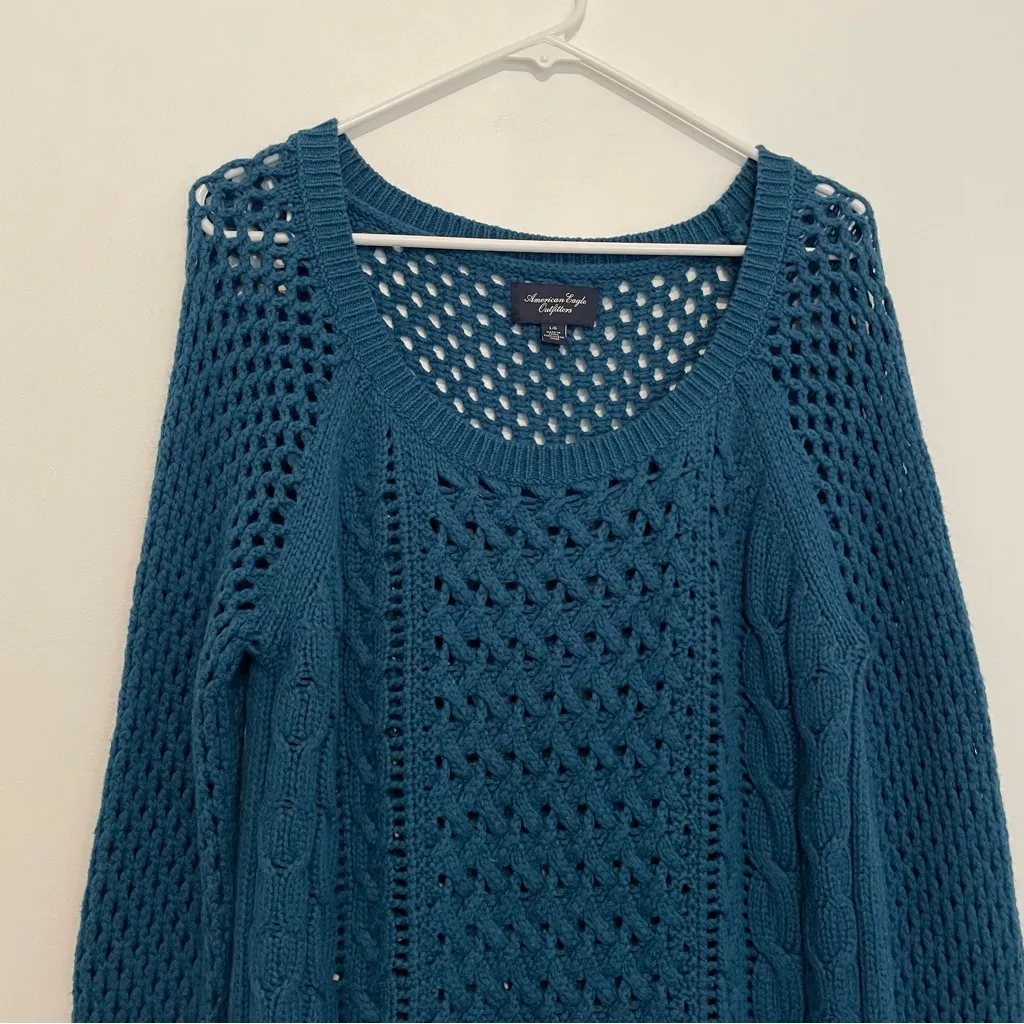 AMERICAN EAGLE AEO AE Teal Blue Open Weave Cable Knit Scoop Neck WOOL Sweater L - Image 3