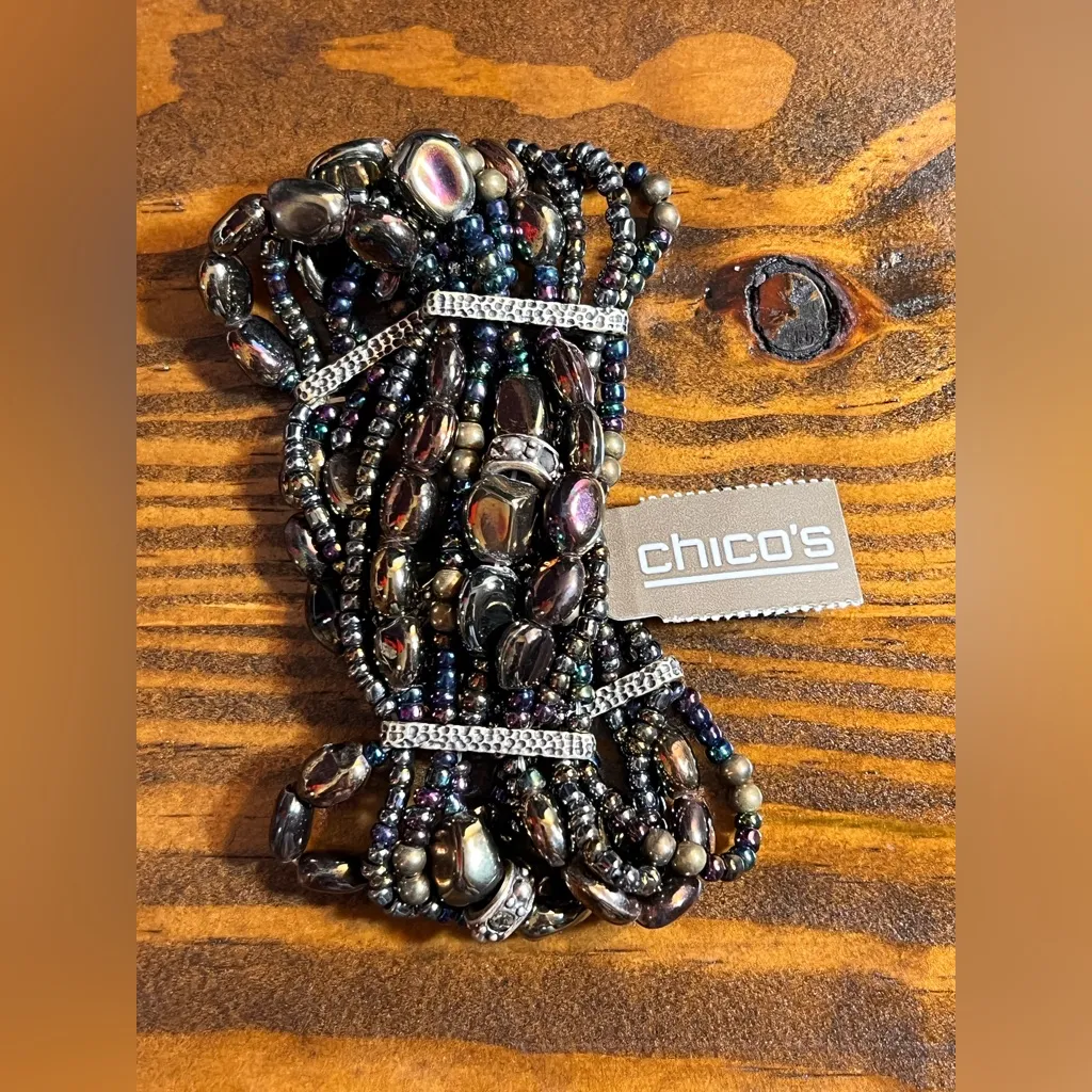 Chico's Iridescent Black Beaded Bracelet NWT metallic silver tone hammered - Image 5