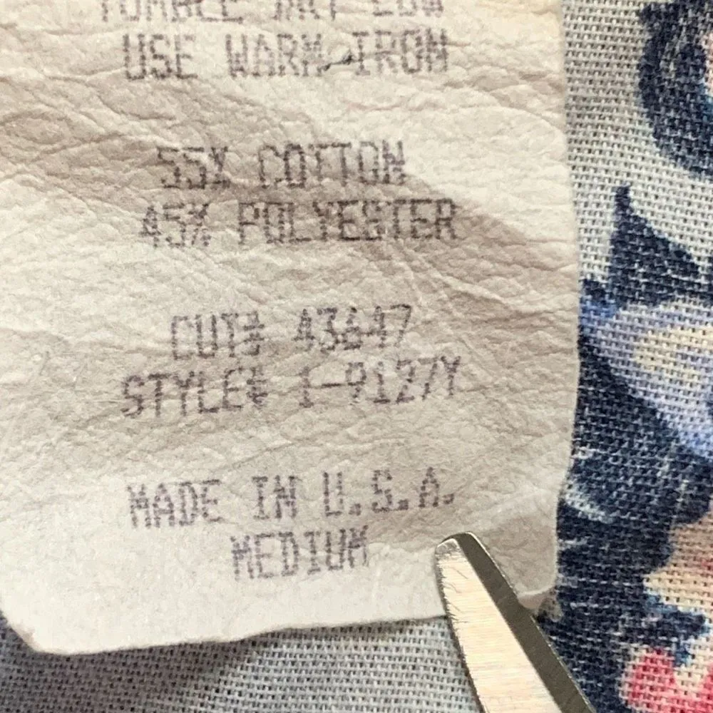 Vintage Tapestry Shirt Blue Floral Detail Long Sleeve Button Front Roll Tab Size M - Image 9