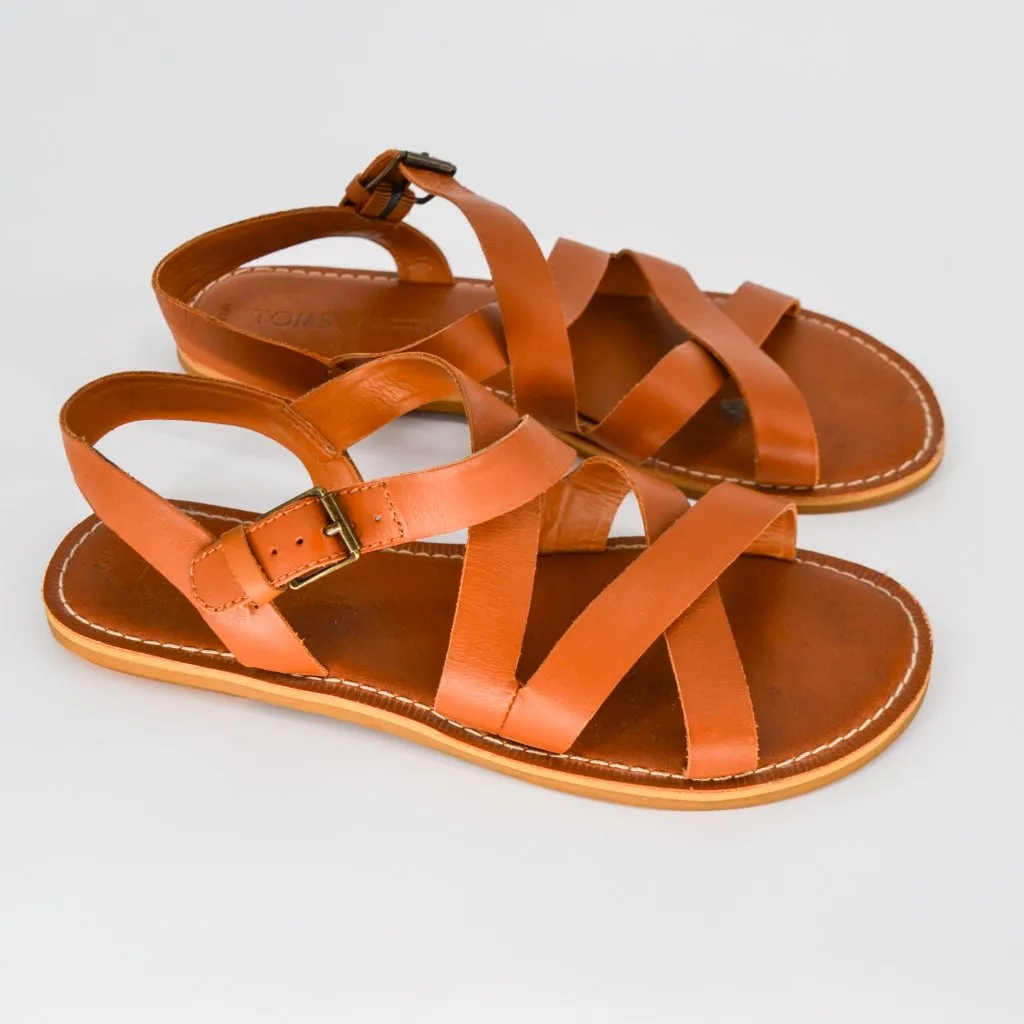 Toms Sicily Flat Sandals Tan Leather Size 7.5 Comfort Strappy Buckle Criss Cross - Image 3