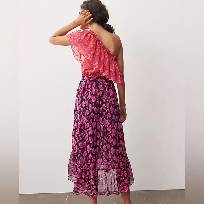 MISA Los Angeles Aida One Shoulder Dress Ruffle Pink Purple Coral Print Size S - Image 4