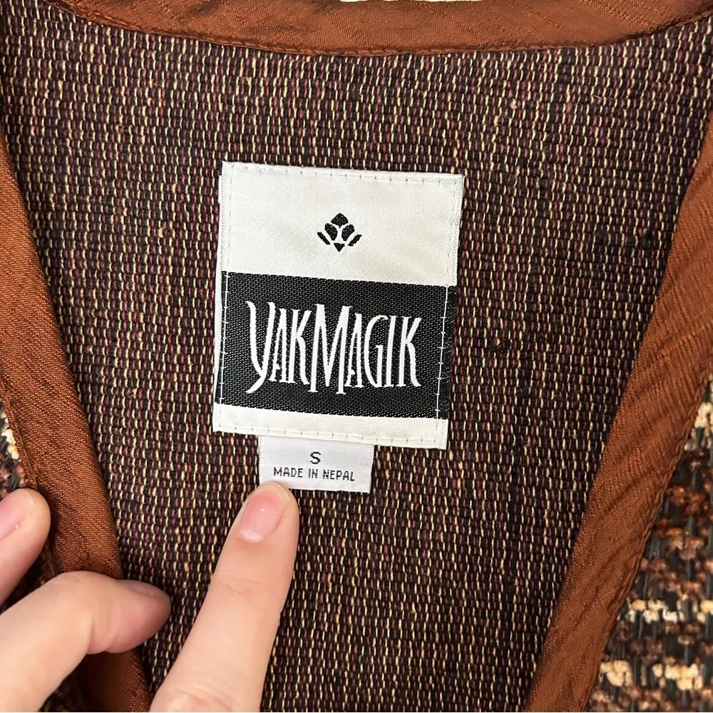 Vintage Yak Magik L Jacket Silk Art to Wear VTG Patchwork Beaded Brown Small - Image 2