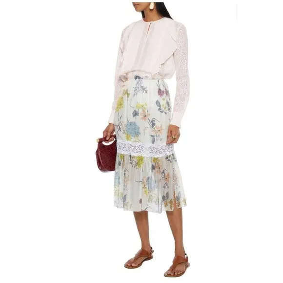SEE BY CHLOÉ Lace Trimmed Flora Voile Midi Skirt Size‎ 2 NWT $405 - Image 2