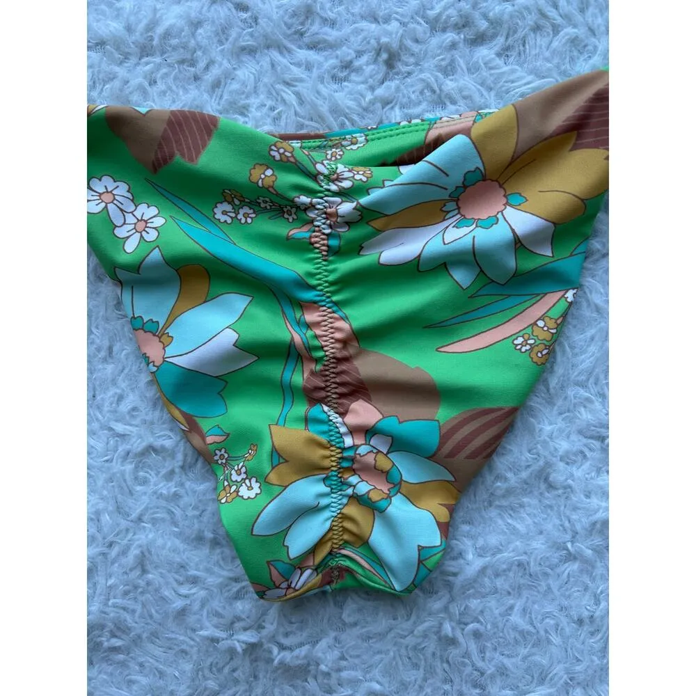 P2F Green Retro Floral Ruched String Tie Bikini Bottoms Size Small - Image 6