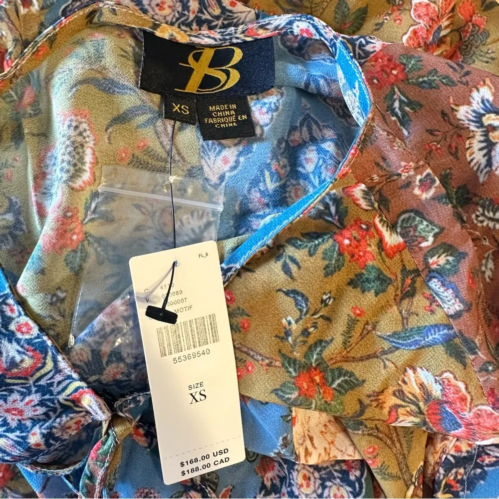 Sachin & Babi Anthro Boho Mixed Print Ruffle Trim Blouse Ties Tassels size XS - Image 10