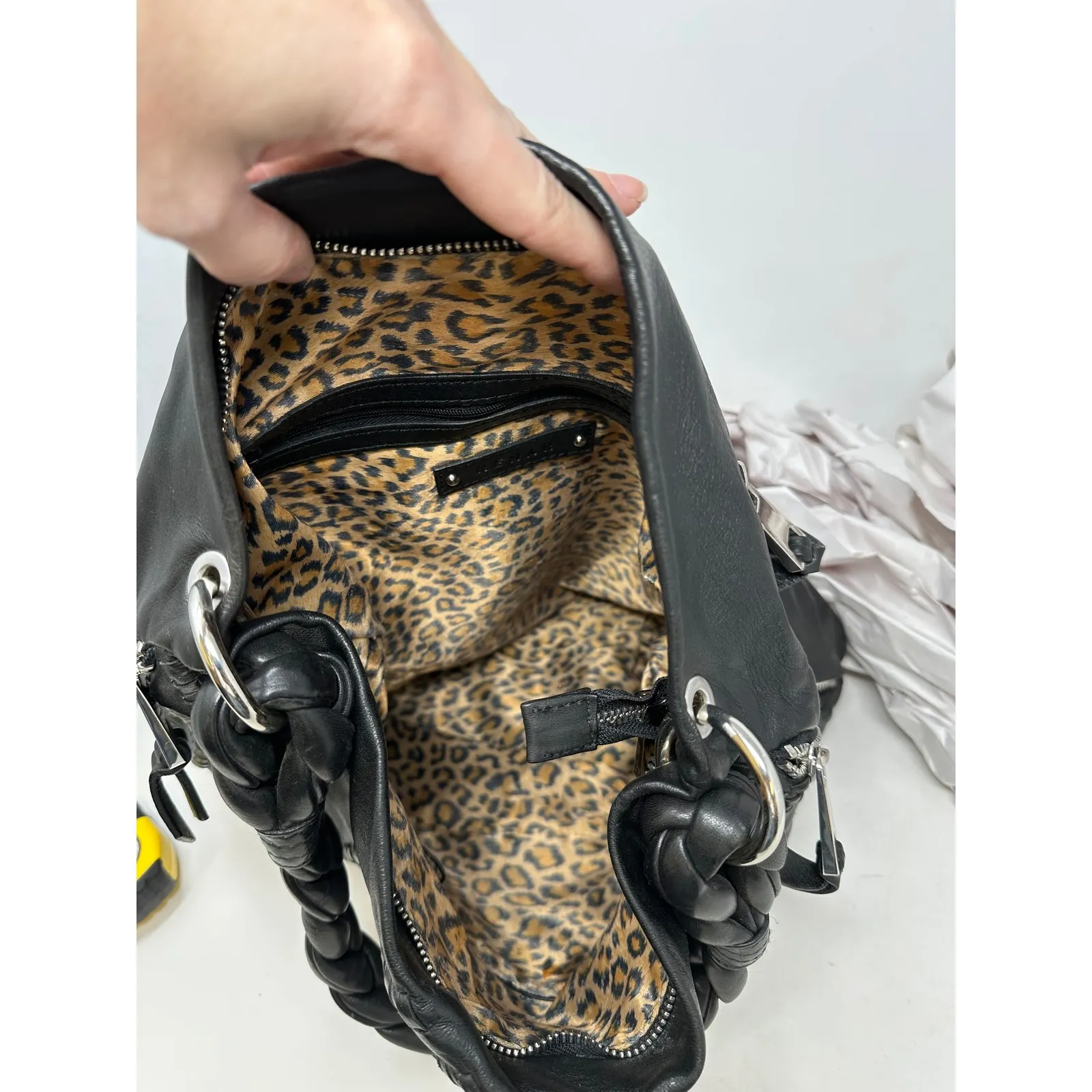 Kenar Whip Stitch Braded Strap Leather Shoulder Bag Black - Image 10