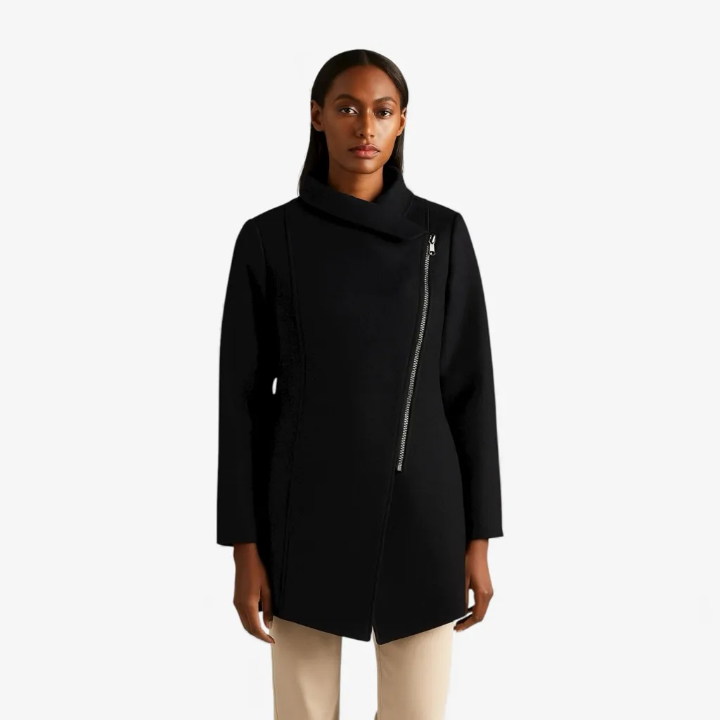 Halogen Asymmetrical Zip Boiled Wool Blend Black Coat Size M - Image 8