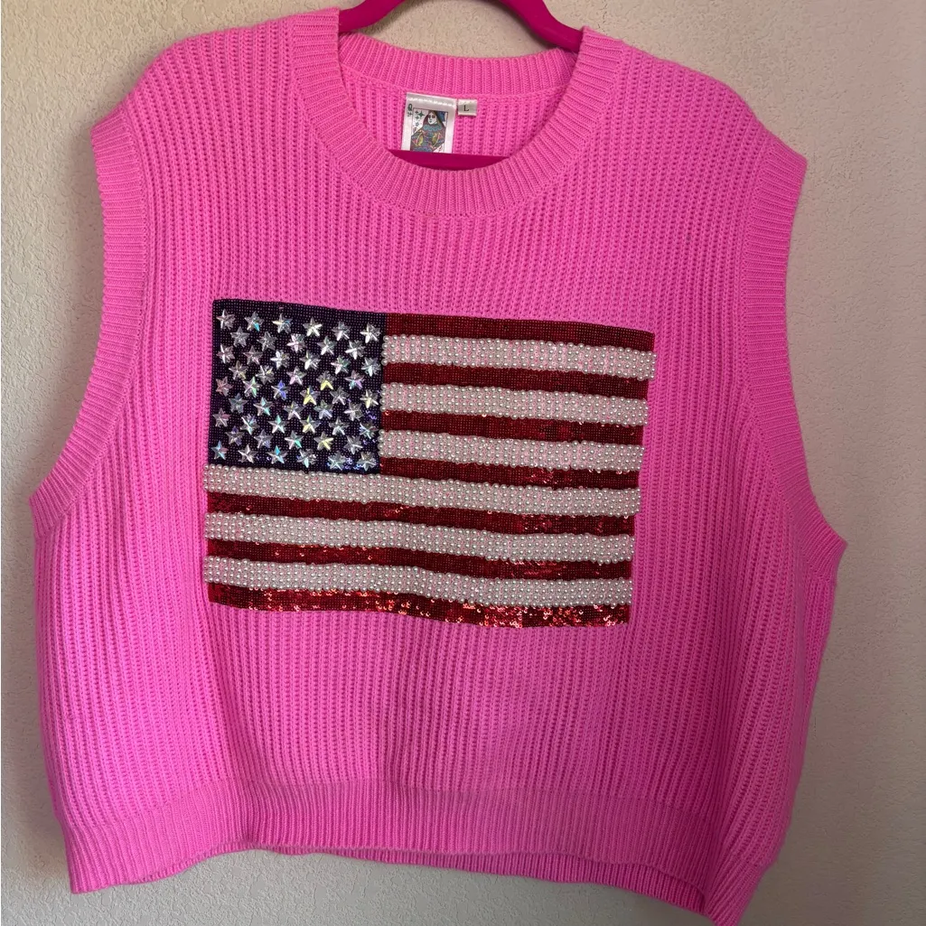 Queen of Sparkles American Flag Bubblegum Pink Sleeveless Sweater Skirt SET 🇺🇸 L Size L - Image 2