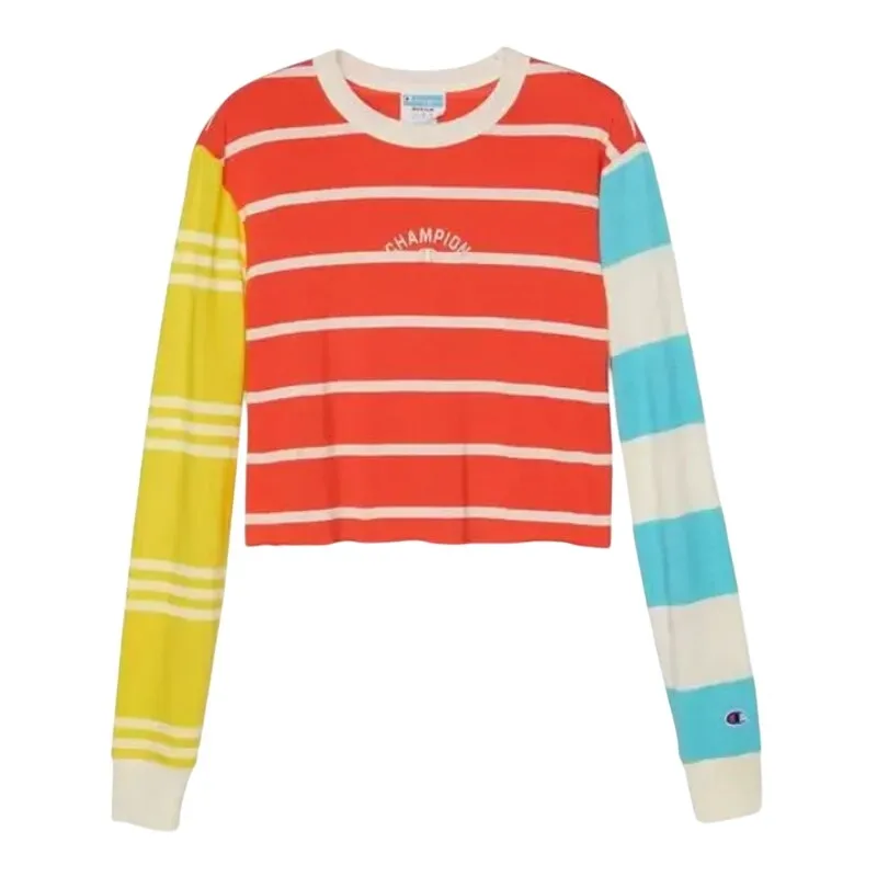 Champion Colorblock Red Yellow Blue Striped Cropped Long Sleeve Tee sz M NEW Tag - Image 2
