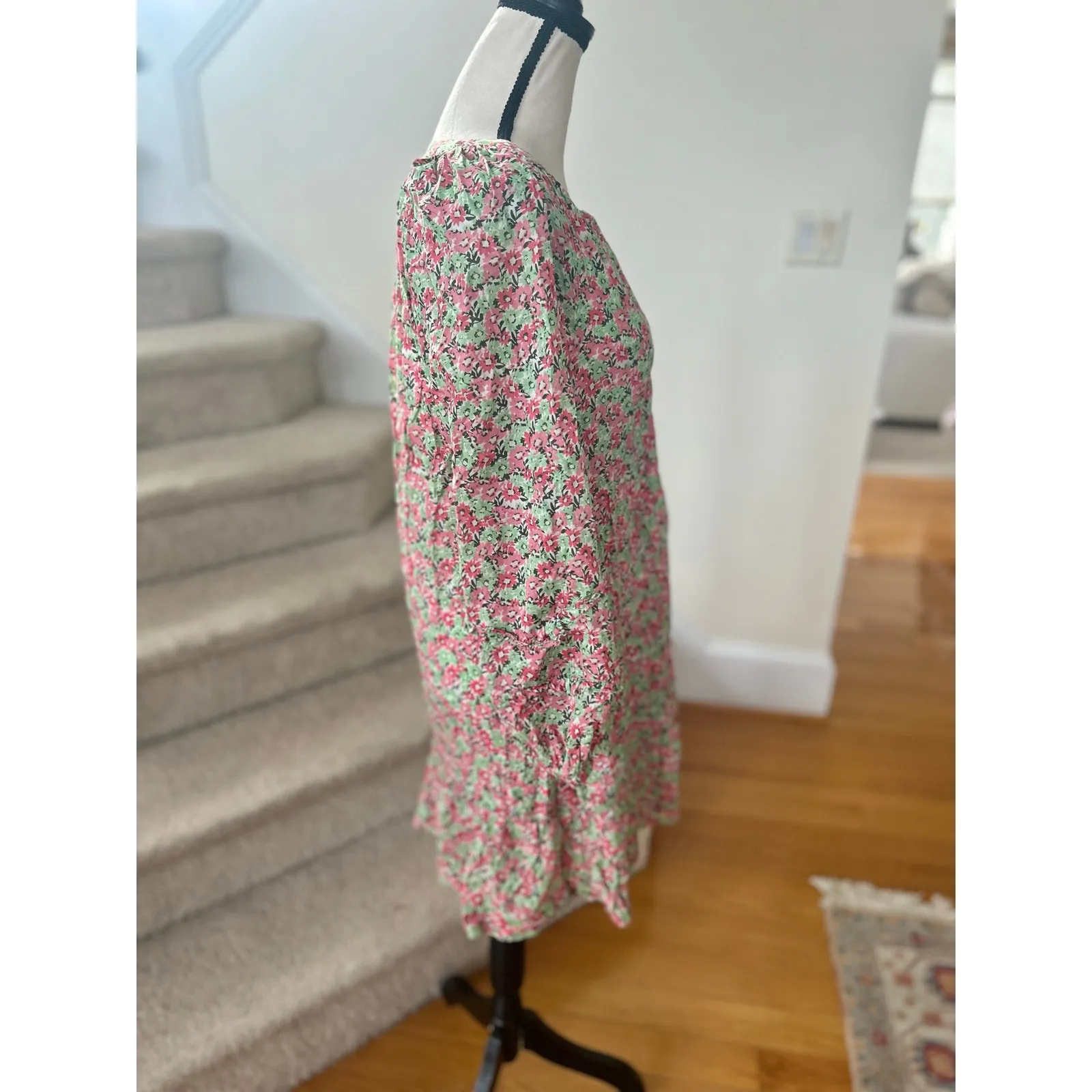 Vineyard Vines Green & Pink Daisy Floral Long Blouson Sleeve Shirt Dress - Image 2