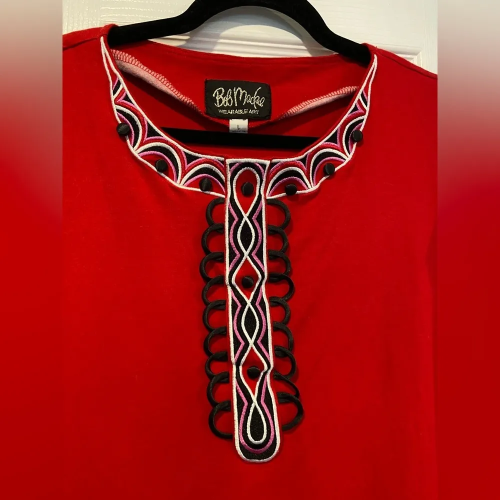 Bob Mackie Size L Red Embellished Embroidered Button Cotton 3/4 Sleeve Tunic Top - Image 5