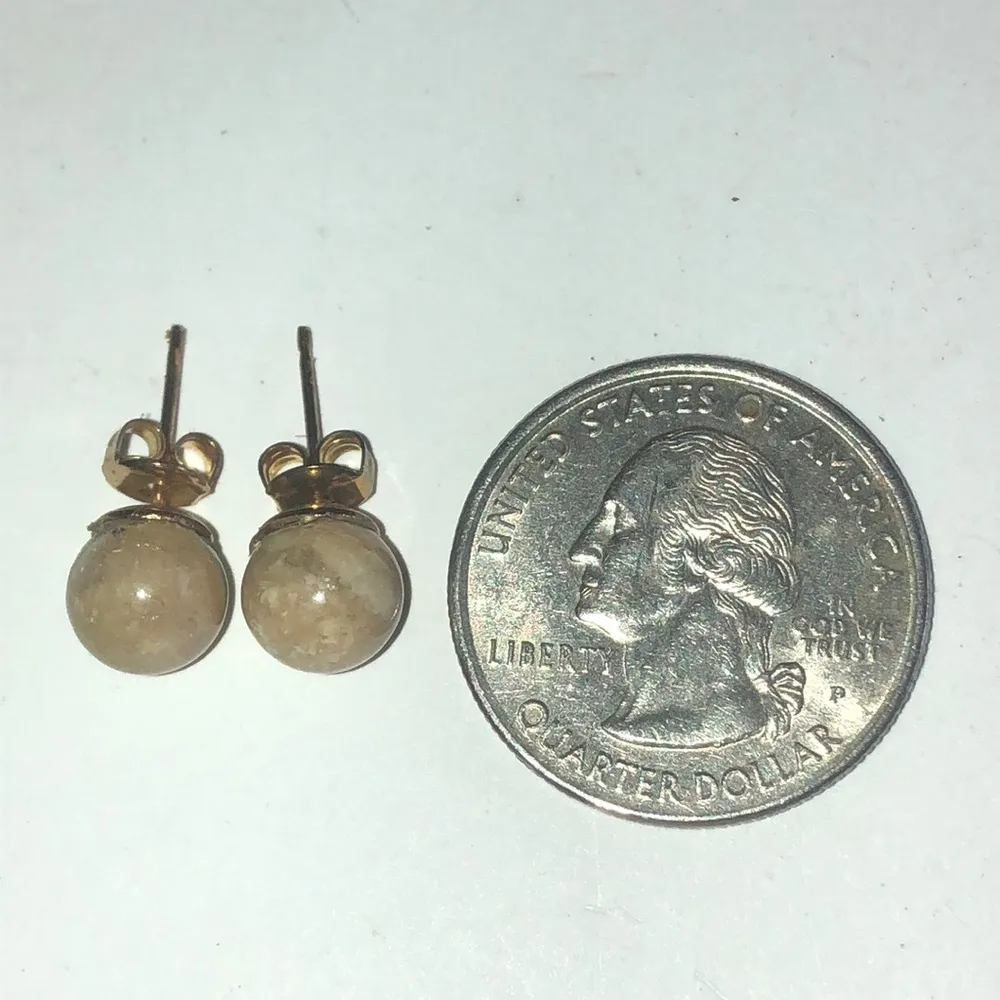 Tan Neutral Semi Precious Stone Gold Tone Dainty Ball Stud Pierced Earrings - Image 3