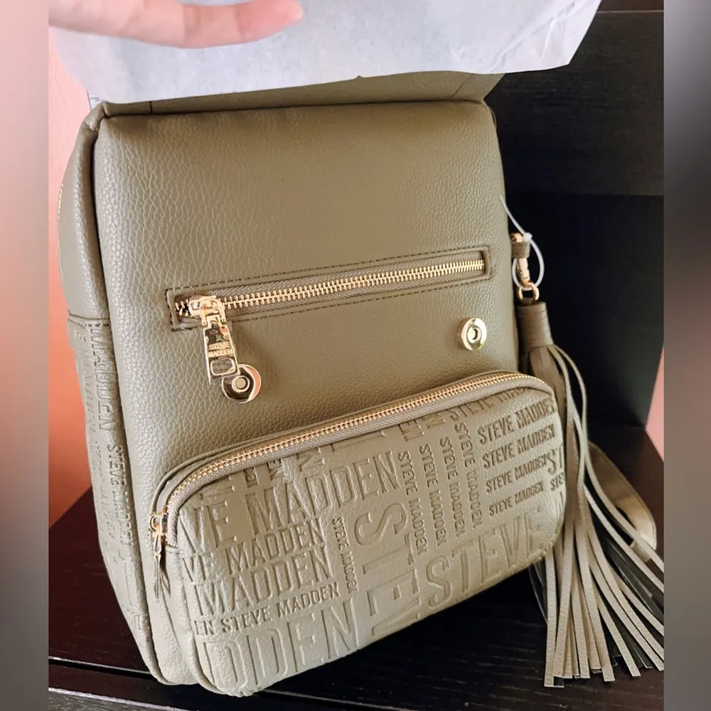Steve Madden  DR126400 OLIVE BTAMPAA Logo EMBOSSED soft LEATHER BACKPACK Tassel - Image 5
