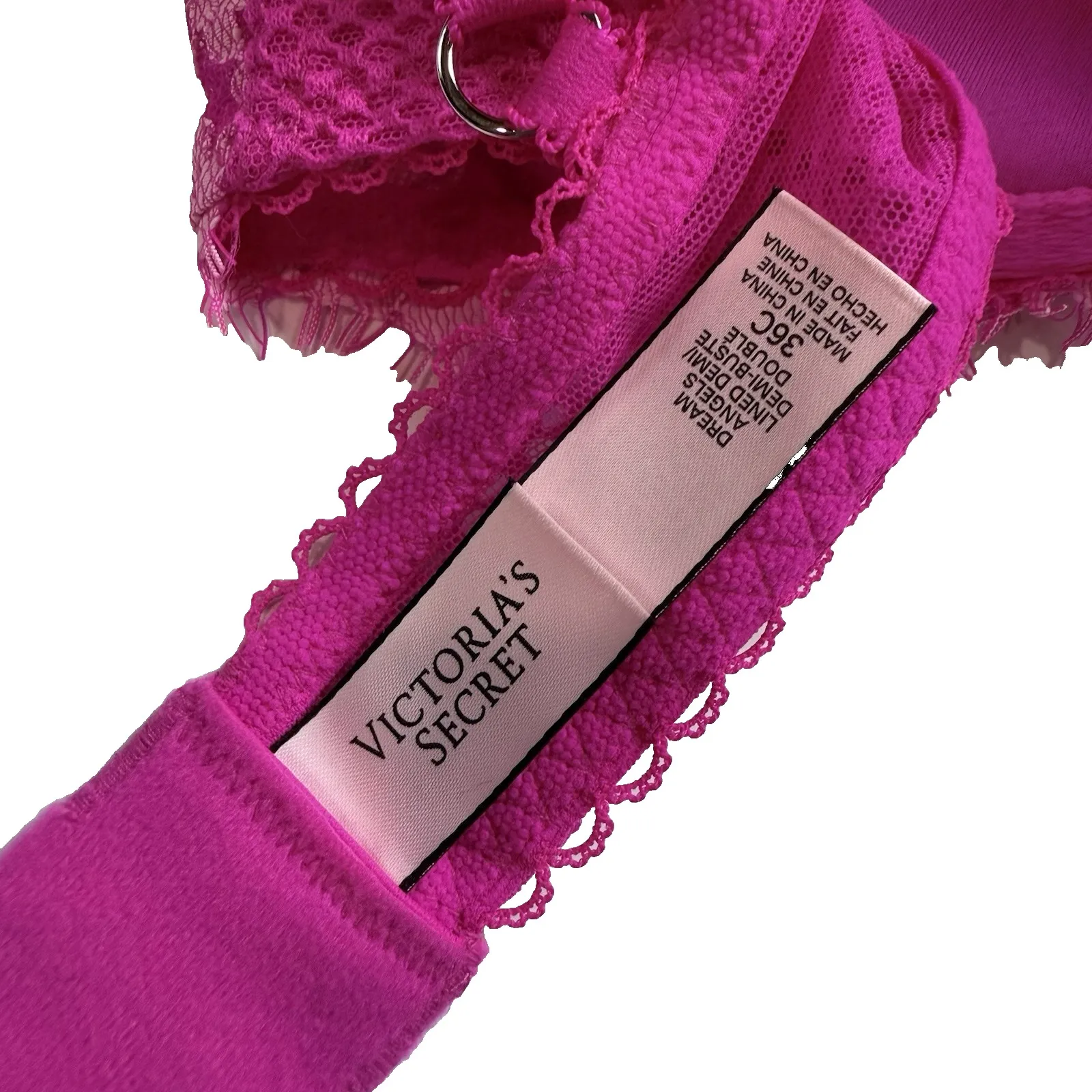 Victorias Secret Dream Angel Lined Lace Demi Bra 36 C Pink Fishnet Underwire Cup - Image 8