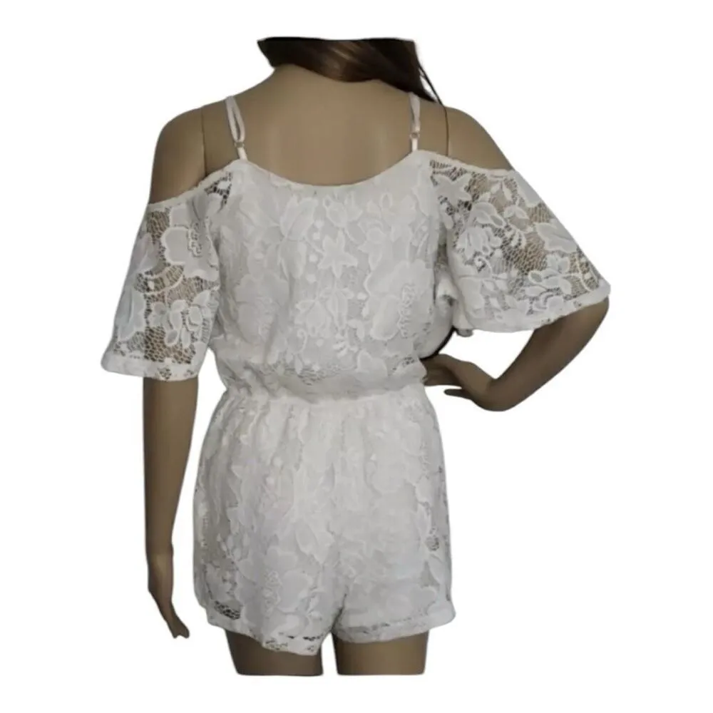 Rue21 Beige Lace Romper Size S Cold Shoulder Summer Beach Floral Casual - Image 4