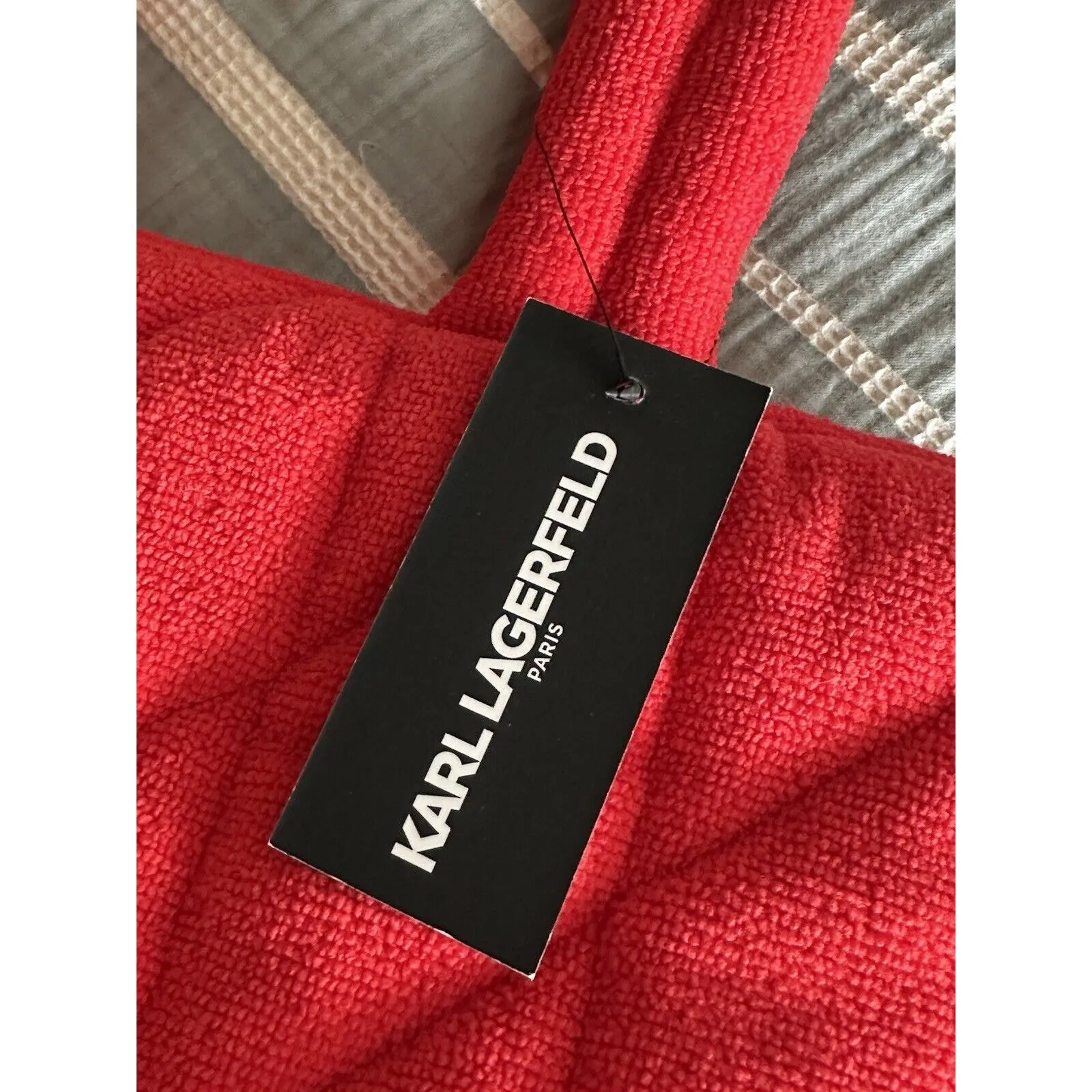 New Karl Lagerfeld Paris Vermillion Red Voyage Terry Designer Tote Bag Style - Image 4
