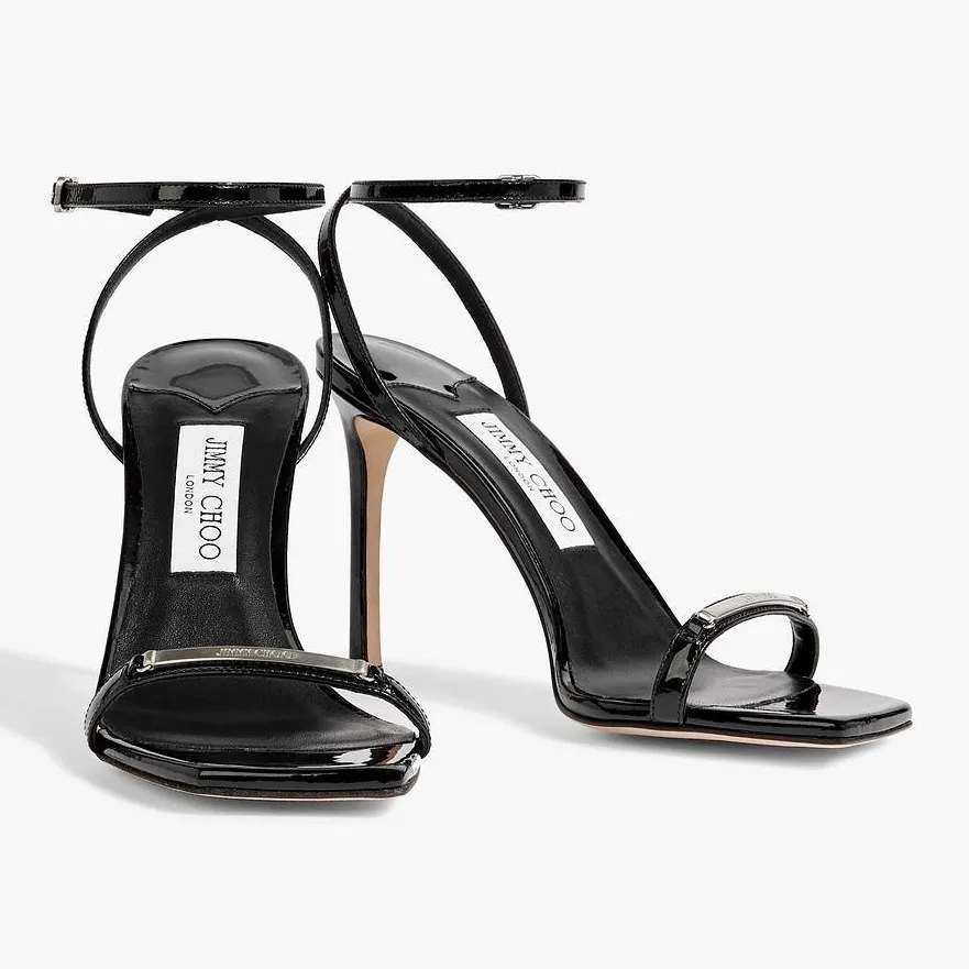 NEW Jimmy Choo Jaxon 95 Patent Leather Metal Logo Bar Square Toe Sandal Heels - Image 4