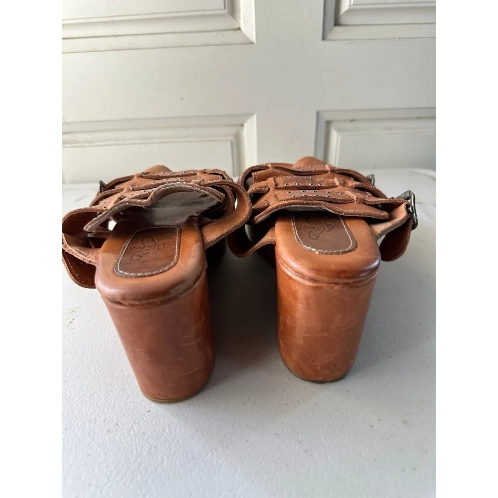 Freebird By Steven Landi Brown Studded Leather Chunky Wooden Platform Sandals 8 - Image 3
