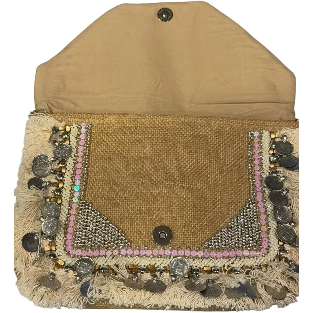 Bohemian Boho Chic‎ Clutch Woven Beaded Coin Crossbody Bag Purse Tan - Image 2