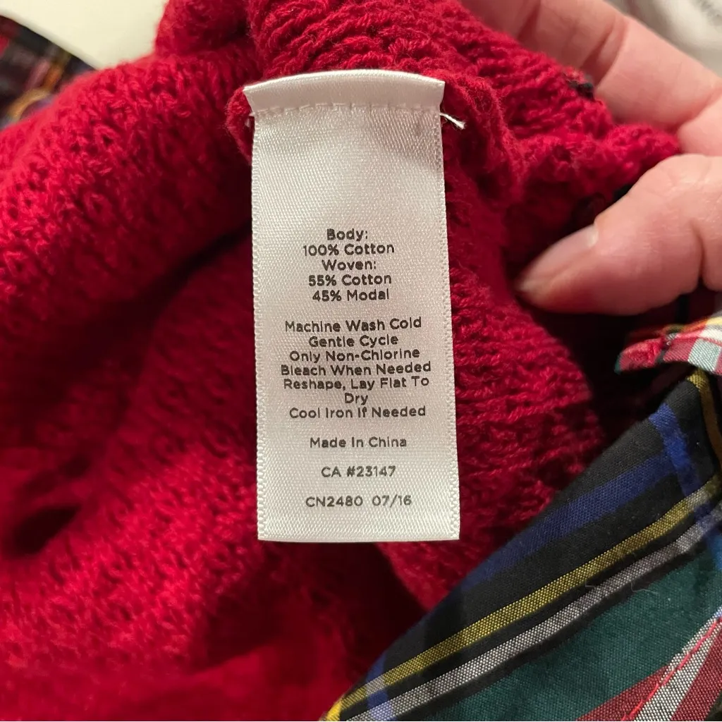 Cute cranberry Talbots open weave cotton sweater tartan plaid faux shirt trim - Image 5
