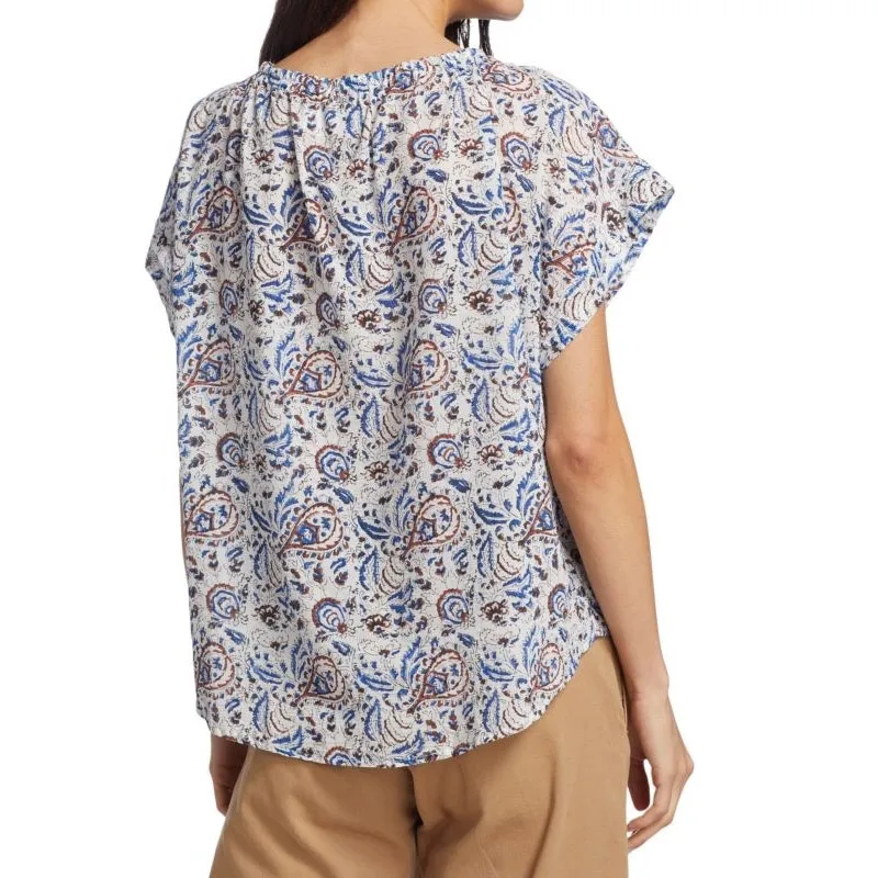 Xirena Top Tessa Cotton Paisley Print Tie Neck Short Sleeve Blouse Size‎ XS White - Image 7