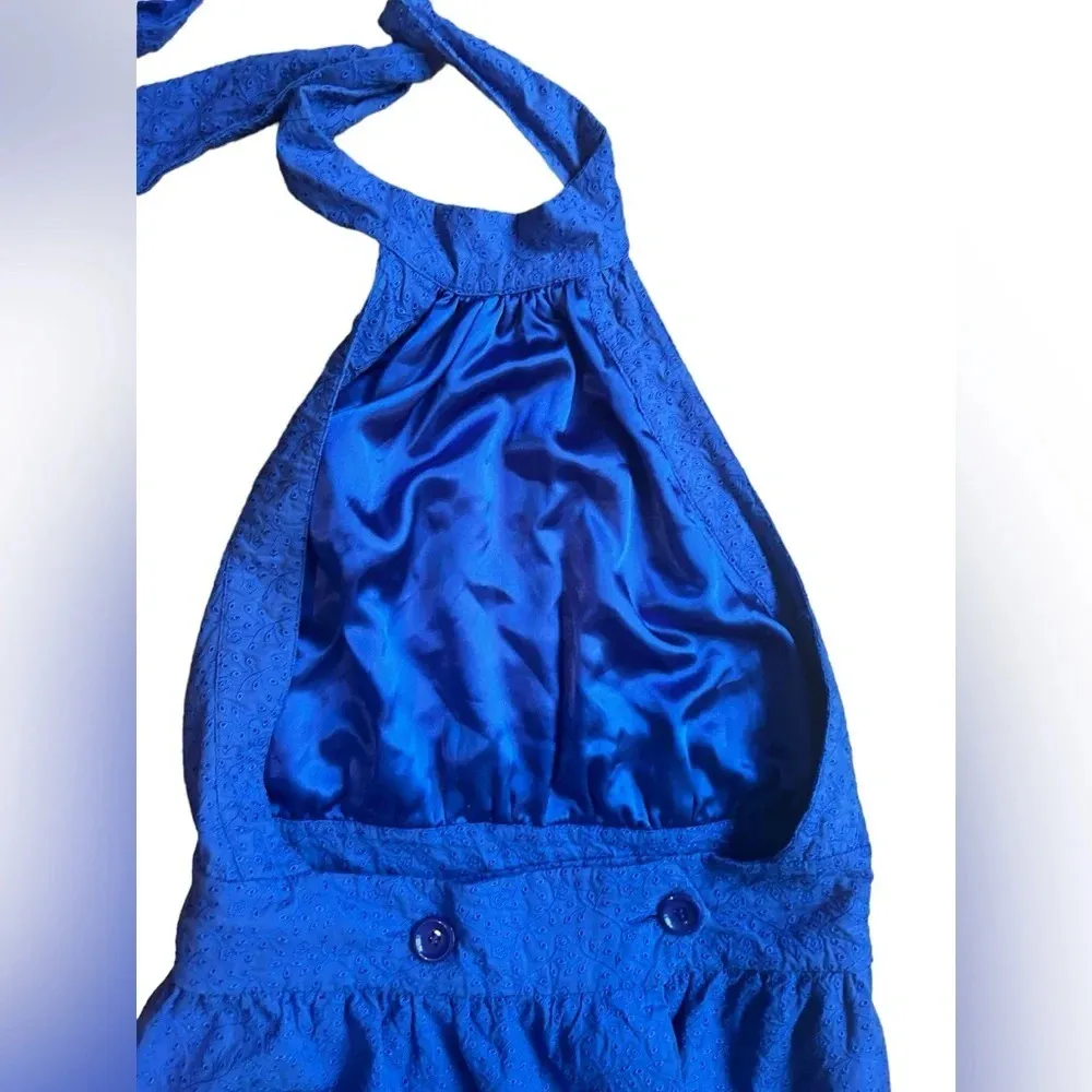 Blue Eyelet Halter Backless Mini Cocktail Garden Wrap Dress Sz 10 - Image 10