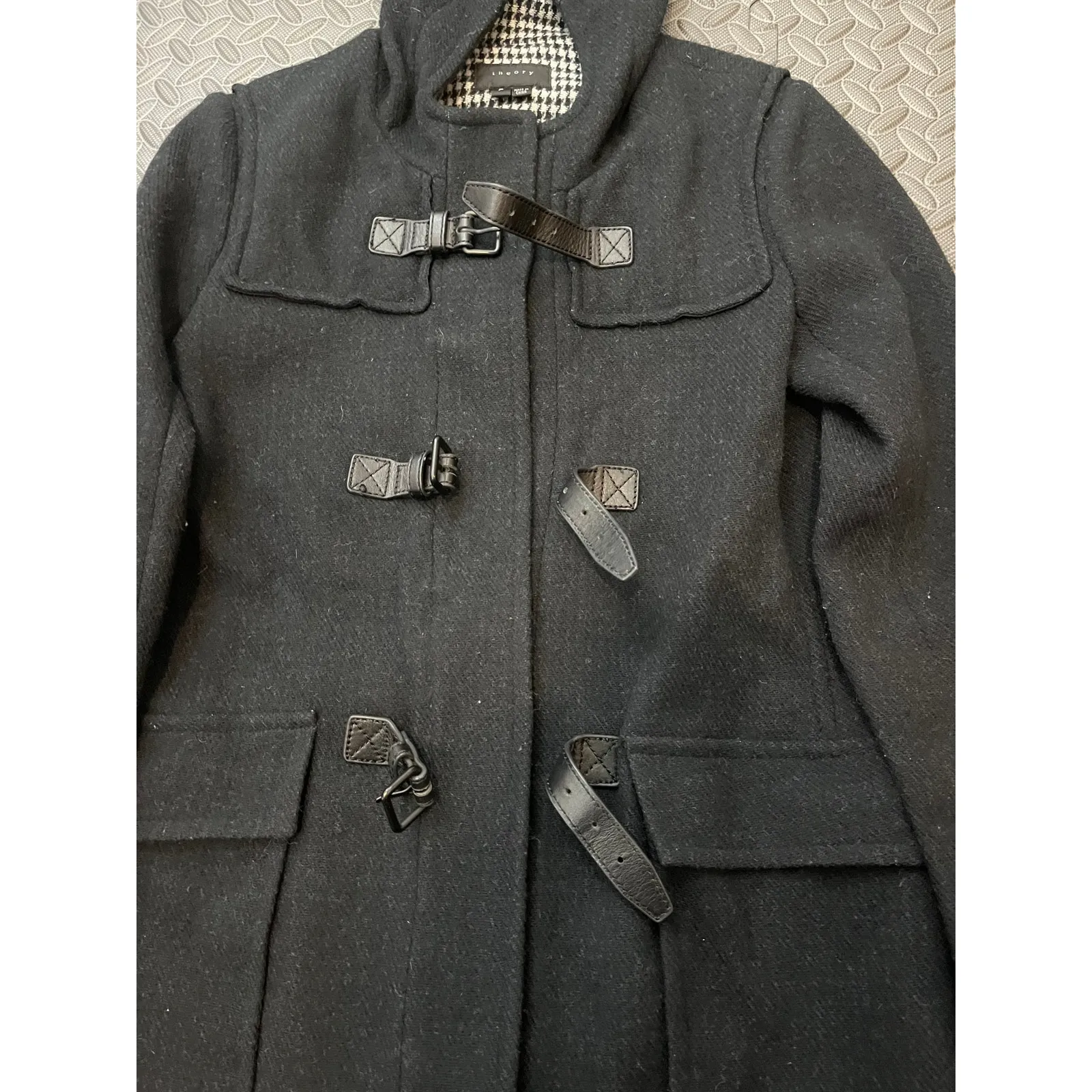 Theory Toggle Duffle‎ Coat Wool Gray Black Plaid Interior Size P Small - Image 3