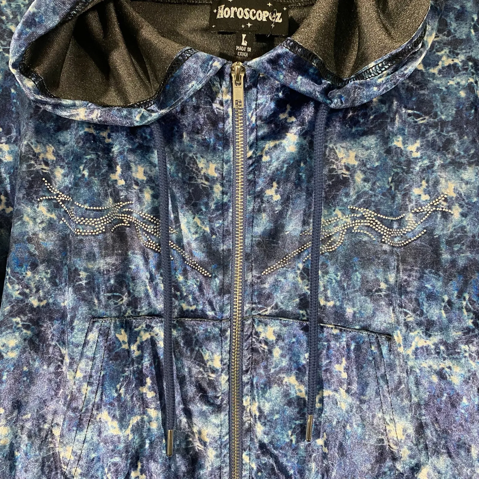 Dolls Kill X Horoscopez Blue Velour "Love for Libra" Full Zip Crop Hoodie Size L - Image 5