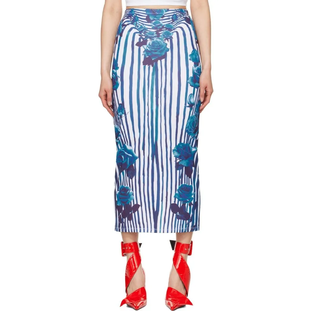 Jean Paul Gaultier Flower Body Morphing Long Skirt in White Navy Aqua XSmall New Size XS - Image 14