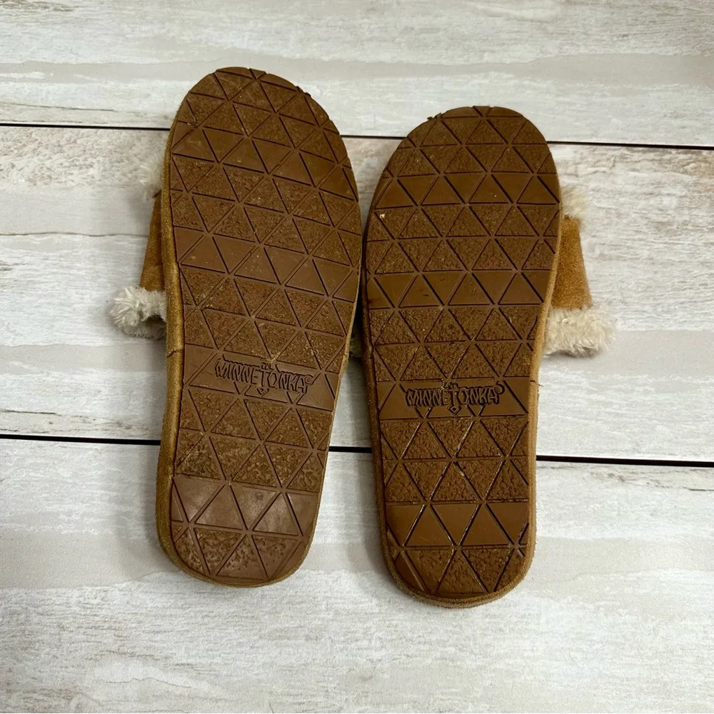 Minnetonka Brown Suede Sherpa Lined Slip On Slides Women Sz 7 Comfy House Shoes - Image 7