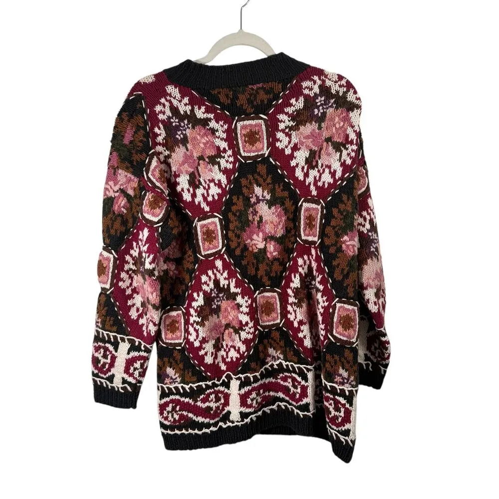 EXPRESS  Tricot Vintage Sweater Floral Patchwork Cottage Chunky Womens Medium - Image 5