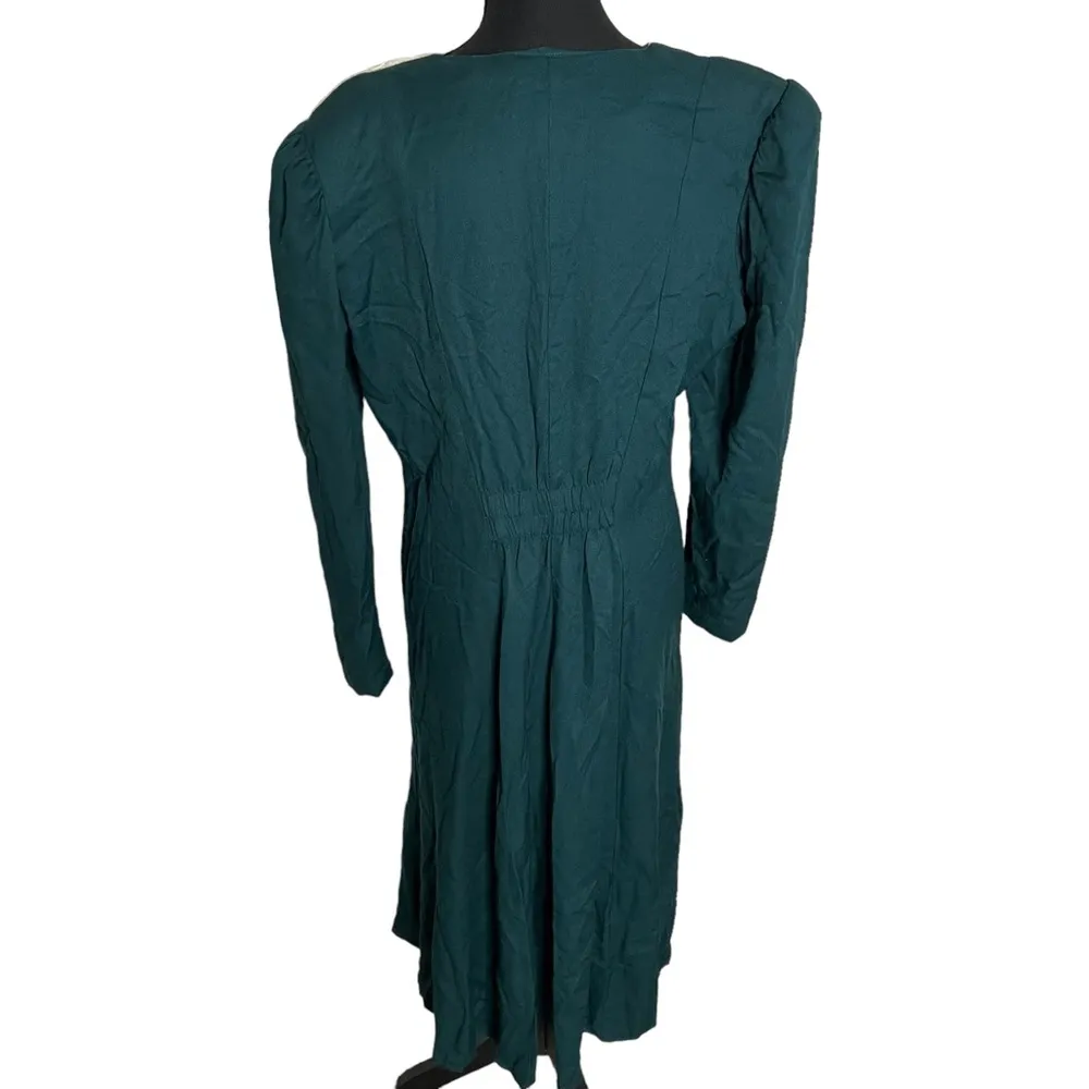 Vintage 80s/90s Caroline Wells Green Pearl Button Front Frill Collar Dress Sz 12 - Image 2