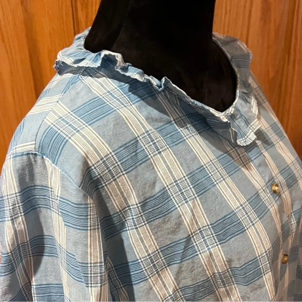 Madewell Ruffle-Neck Colwell Plaid Cotton Top in Ashby Plaid Ocean Wave Size XXL - Image 10