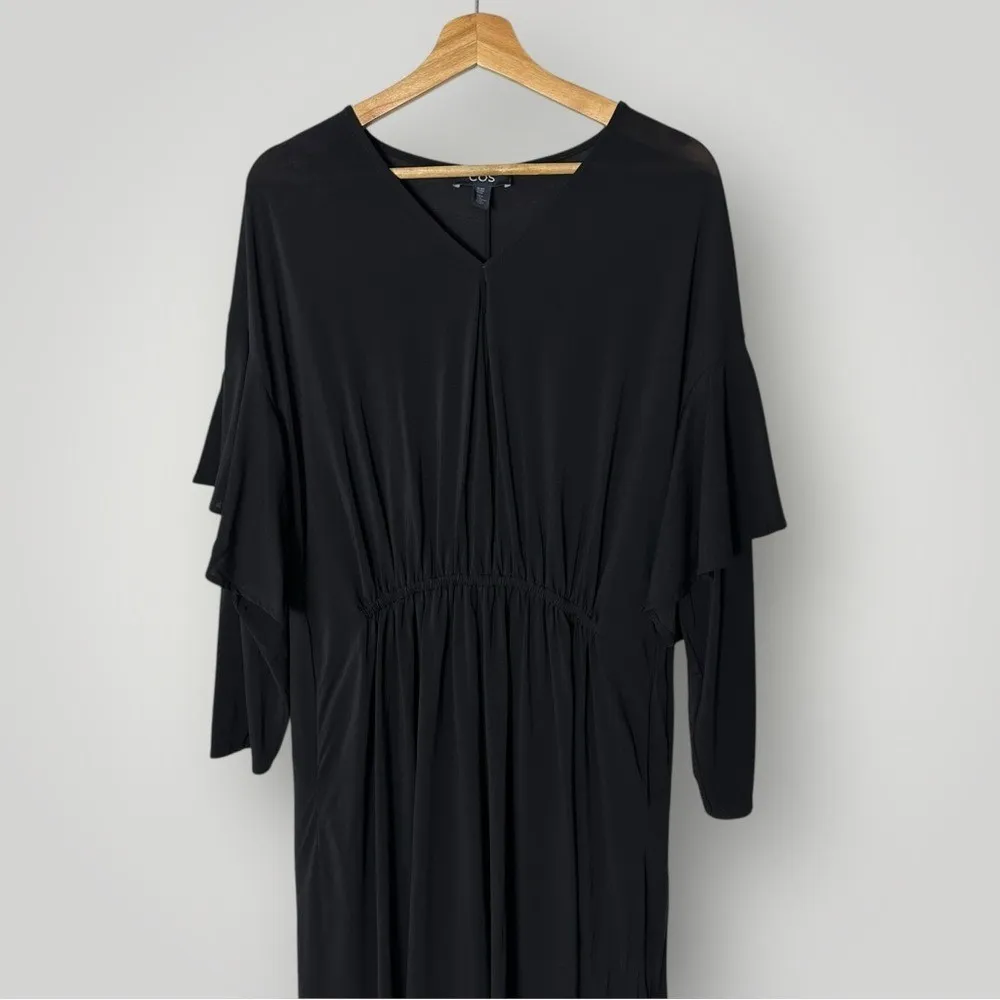 COS Black V-Neck Draped Midi Dress XS/S Long Sleeve Elastic Waist - Image 6