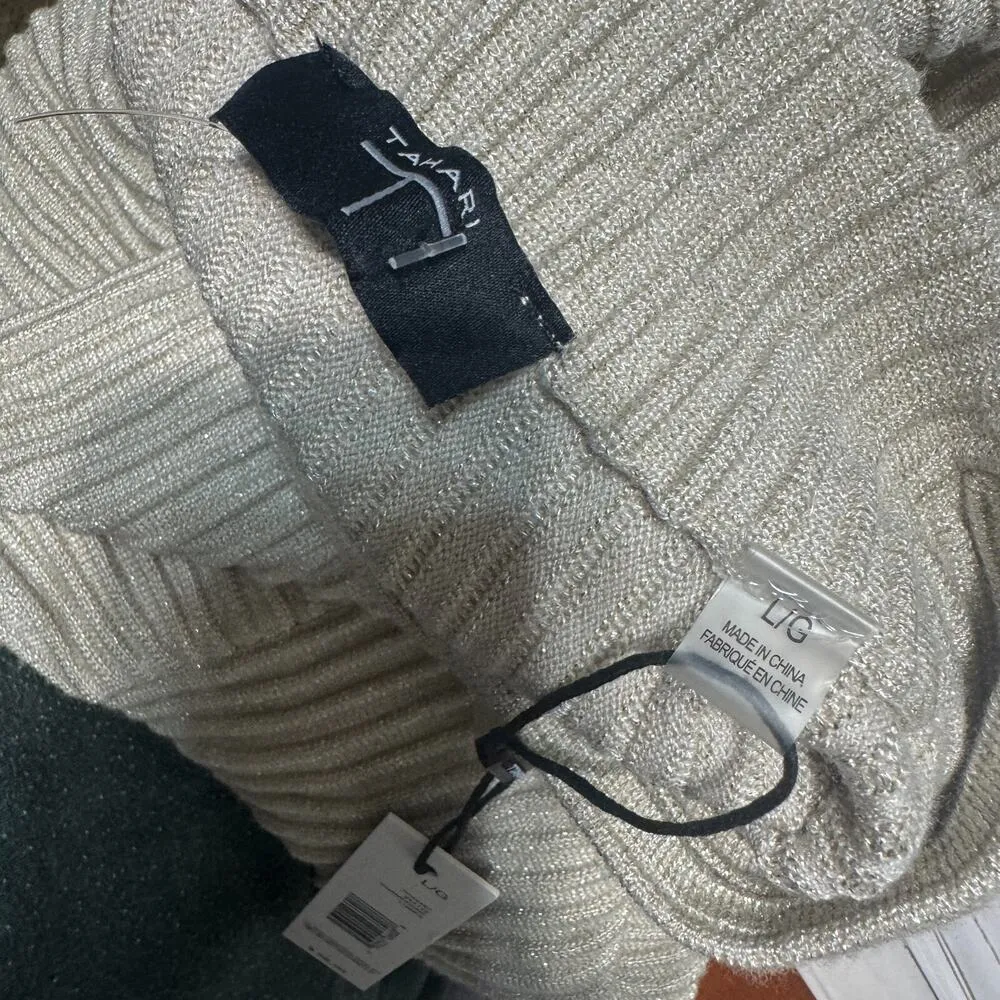 NWT T by Tahari Beige Long Sleeve Sweater Metallic Gold ribbed sz L mock neck - Image 7