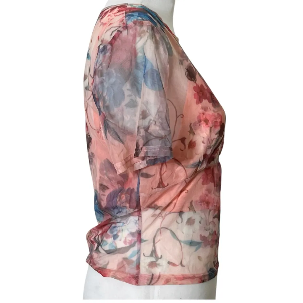 Superdown Simona Sheer Mesh Top Women’s XL Floral Pink Short Sleeve Stretch - Image 5