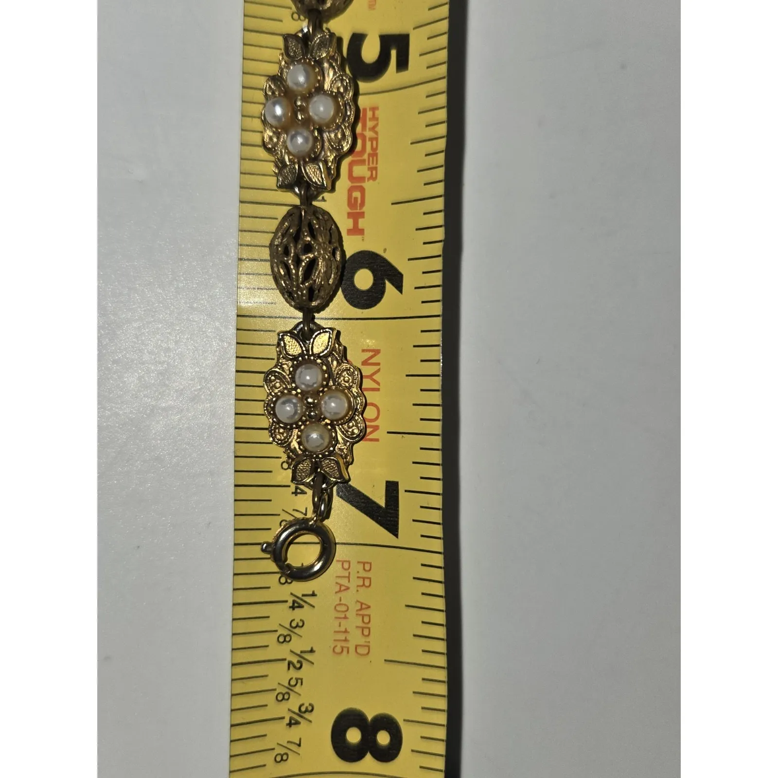 Florenza Vintage Faux Pearl Gold Tone Floral Link Bracelet Signed - Image 10