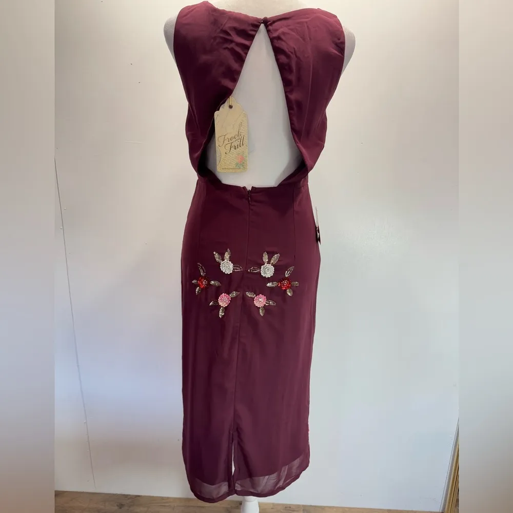 Frock & Frill Burgundy Sleeveless Midi Dress Sequined Flowers Open Back ModCloth Size 8 - Image 6