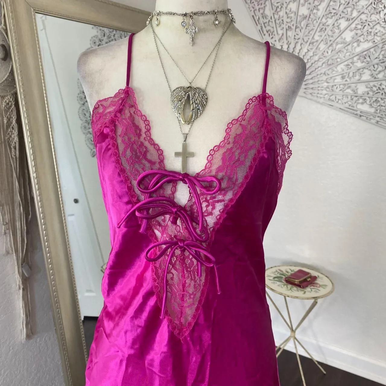 Featherbed Early 2000 Bright Pink Satin Fairy Lace Up Lingerie Slip Mini Dress Size M - Image 5