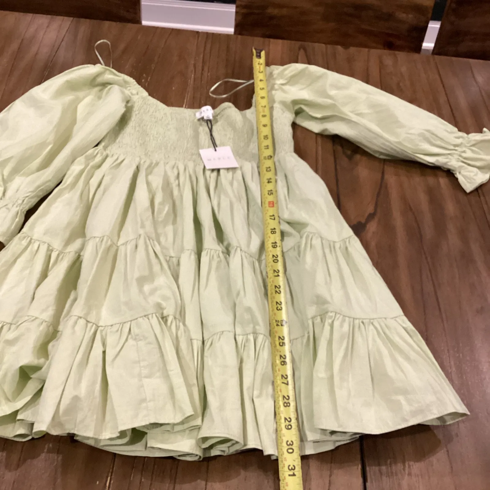 Mable Emory Smocked Ruffle Babydoll cotton mini dress NWT light green olive S - Image 8