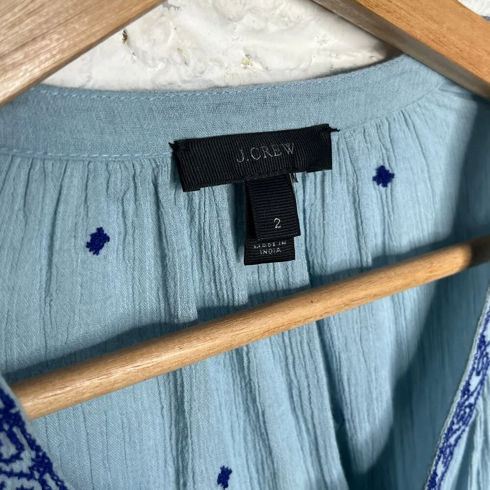 J. Crew Women's Blue Cotton Peasant Boho Tie Blouse Size 2 - Image 4