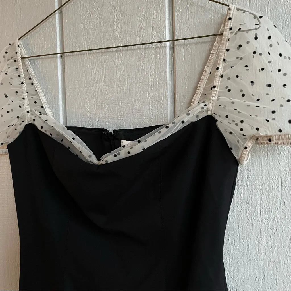 Camila Coelho NWT Organza Puff Sleeve Flocked Dot Mini Dress Black M - Image 2