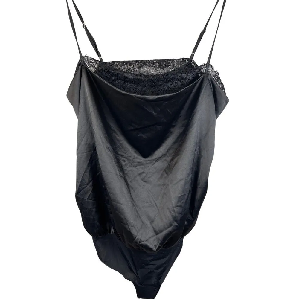 Lovers + Friends Black Satin Laced Neckline Open Back Draped Bodysuit Size Large - Image 6