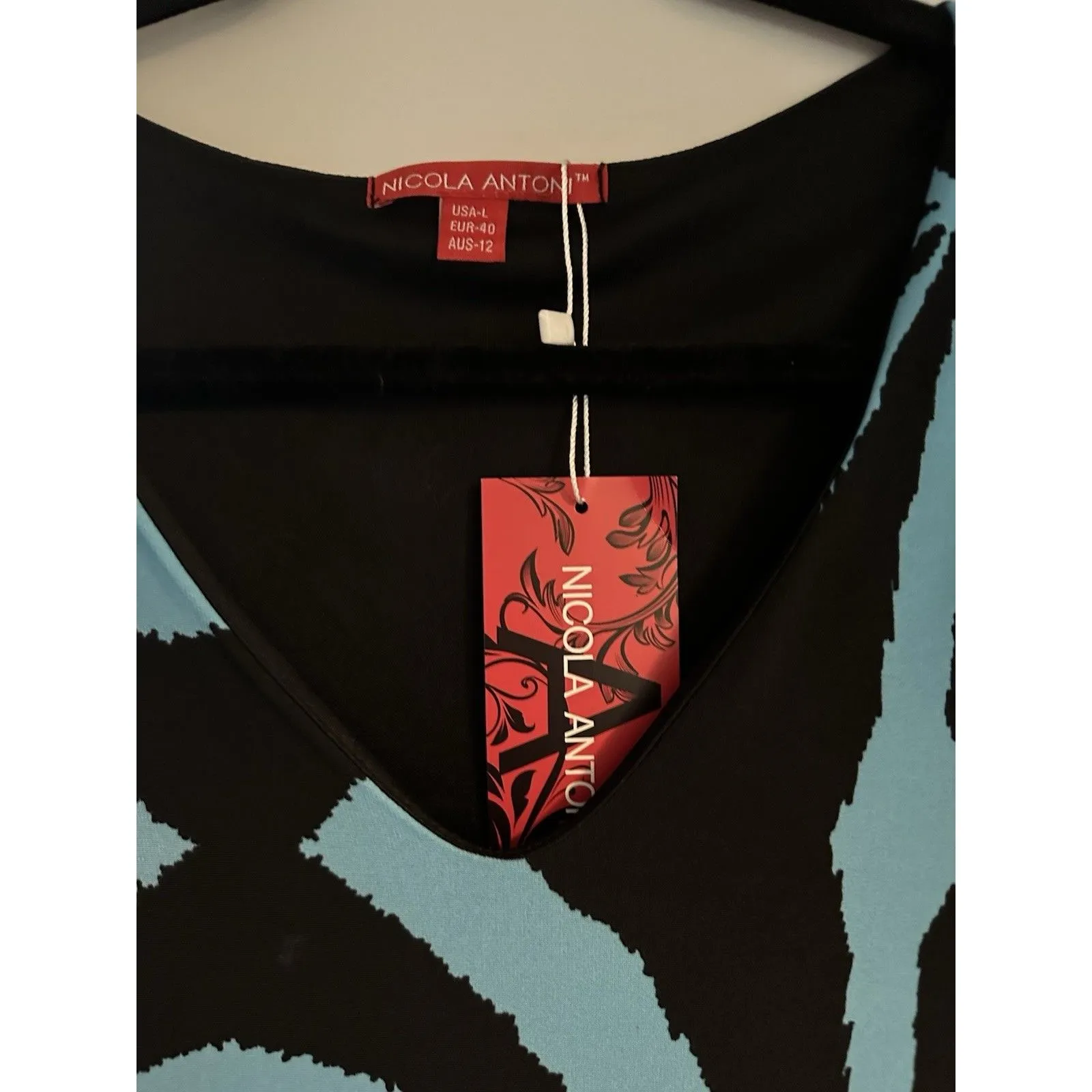 Nicola Antoni 3/4 Sleeve Flowy Blue & Black Sheath Stretch Dress Size L - Image 3