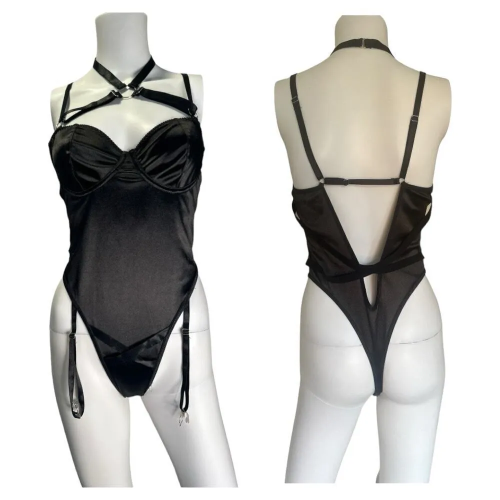 Womens medium black thong bodysuit with choker & open back Lingerie - Image 2