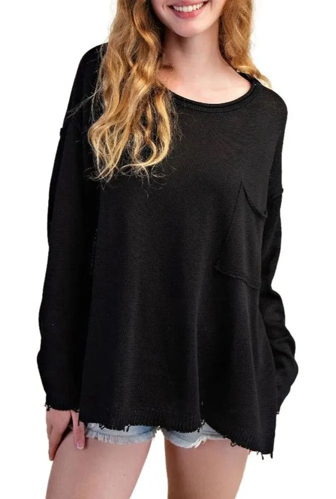 New Easel Los Angeles Women’s Small Black Oversized Thin Sweater Distressed Boxy - Image 1