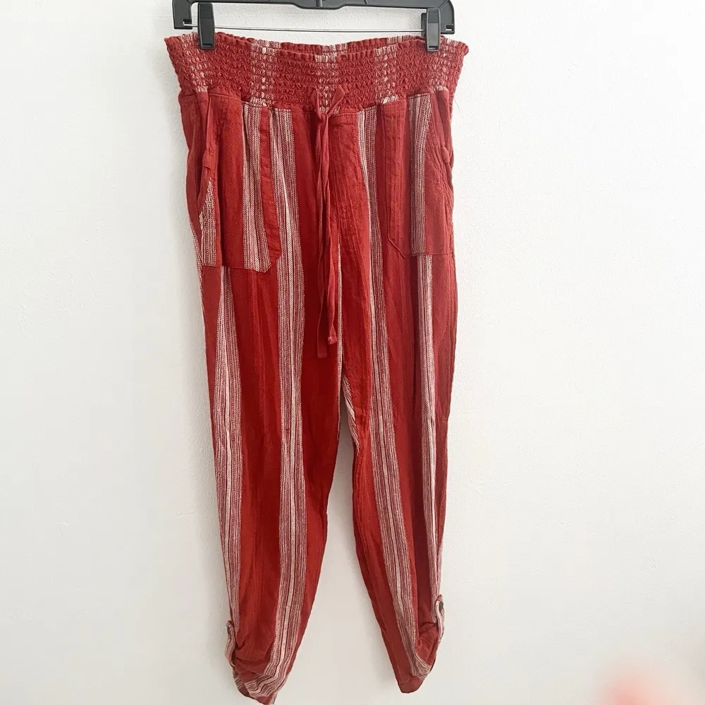 Sincerely Jules Linen Pants MEDIUM Striped Roll Tab Hem Cuffed Boho Smoked Orange - Image 2