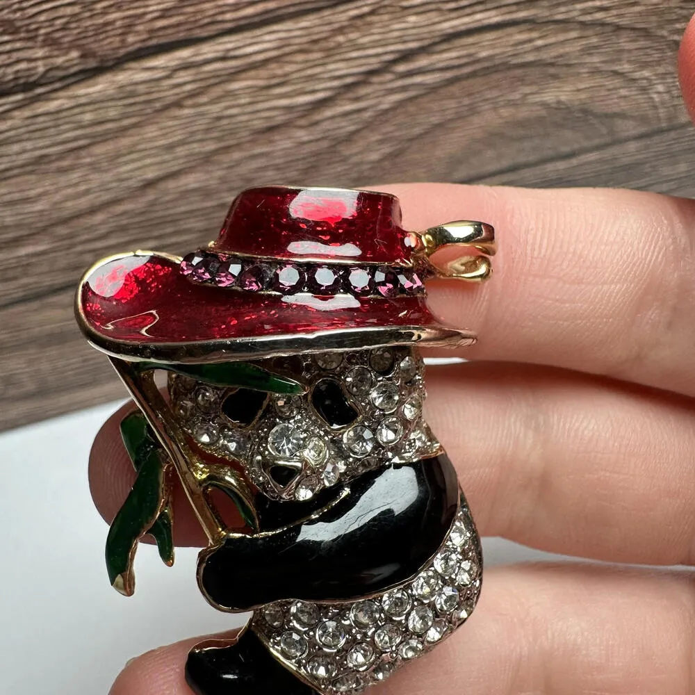 Panda Bear In Red Hat Brooch Pin Rhinestone & Enamel Scarlett O’Hara Gold - Image 4