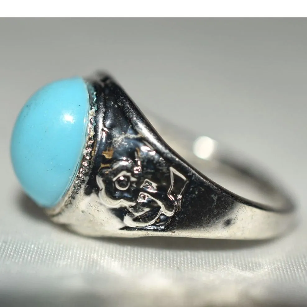 Trendy Robin Egg Blue Oval Stone Flower Etched Silver Tone Sizes 10,11 &13 Rings - Image 3